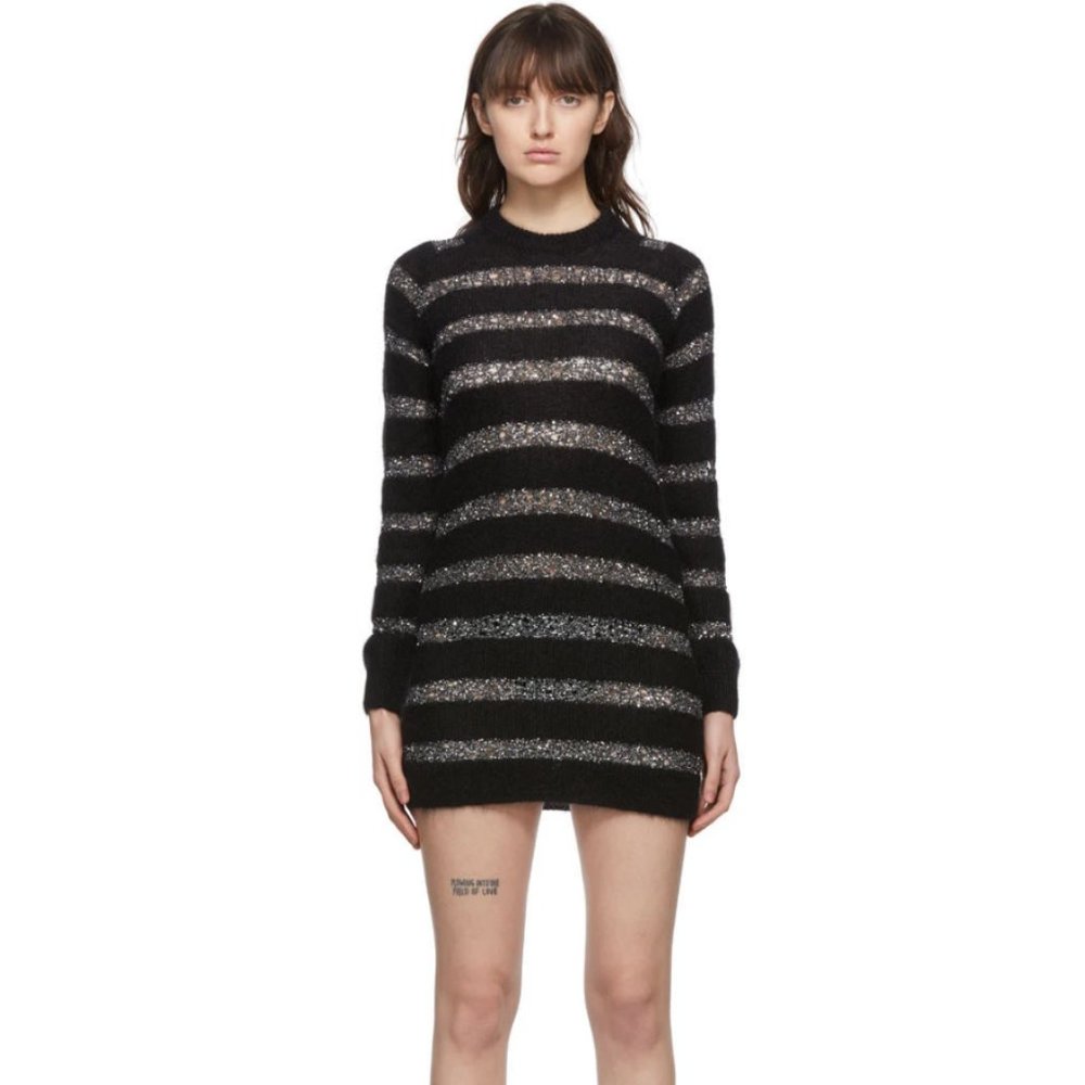 SAINT LAURENT - Black & Silver Mohair Sequin Striped Dress